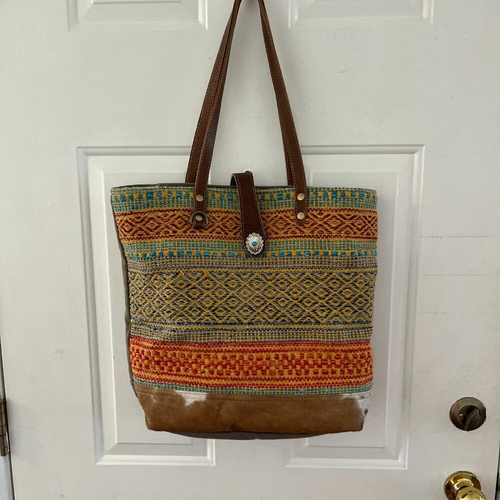 Boho Large Myra Bag Multicolor Woven Tote with Brown Leather Hair on Hide